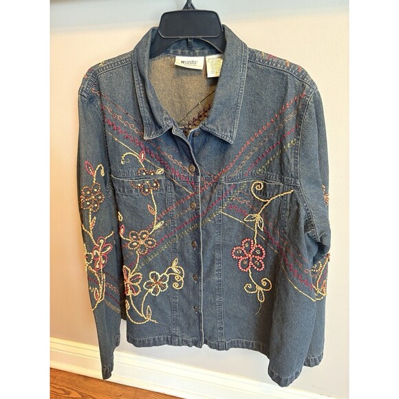 Units Woman 2X Denim Button Long Sleeve Shirt Jacket Beading Mixed Media Boho - Picture 1 of 10